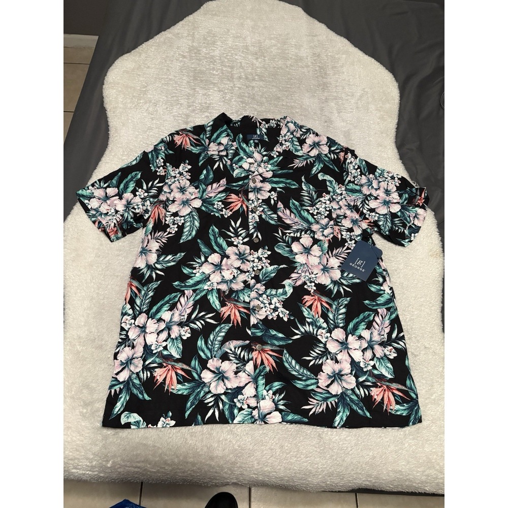 New George Men's Button Down Black Hawaiian Floral Tropical Shirt Size XL 46-48